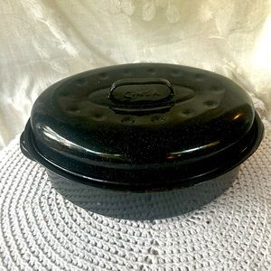 Vintage Large Black Speckled Metalware Kitchen Roasting Pan with Lid